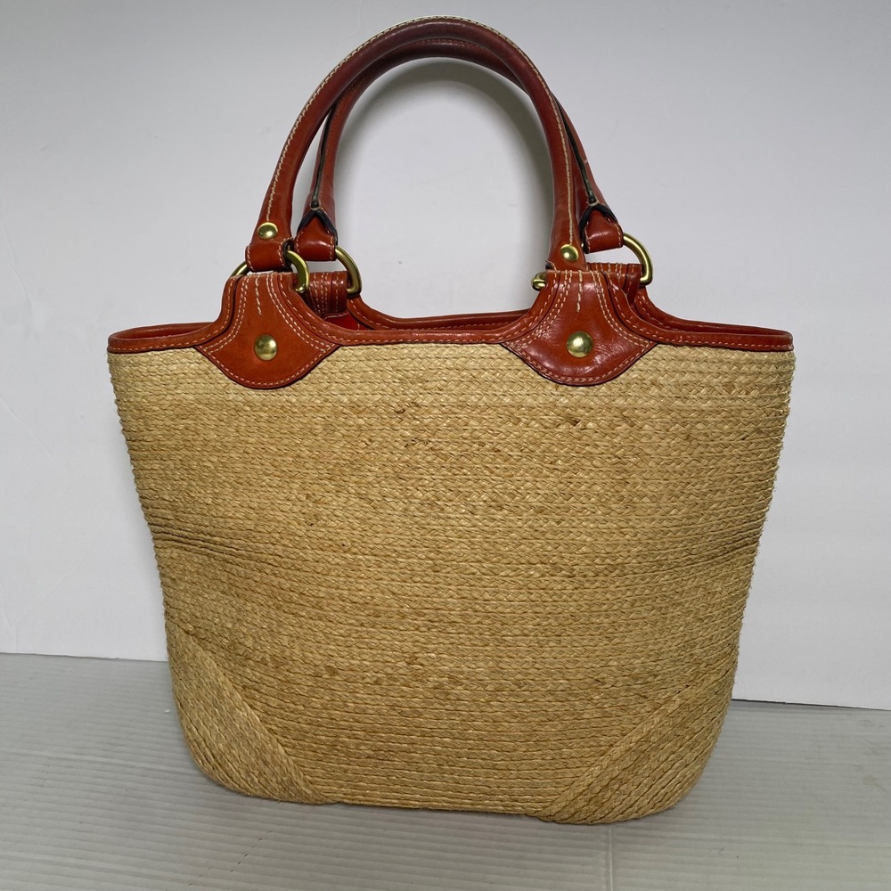 Coach Straw Leather Flower Tote Bag Beige Orange Summer Woven Beach Coastal Boho - Picture 2 of 15